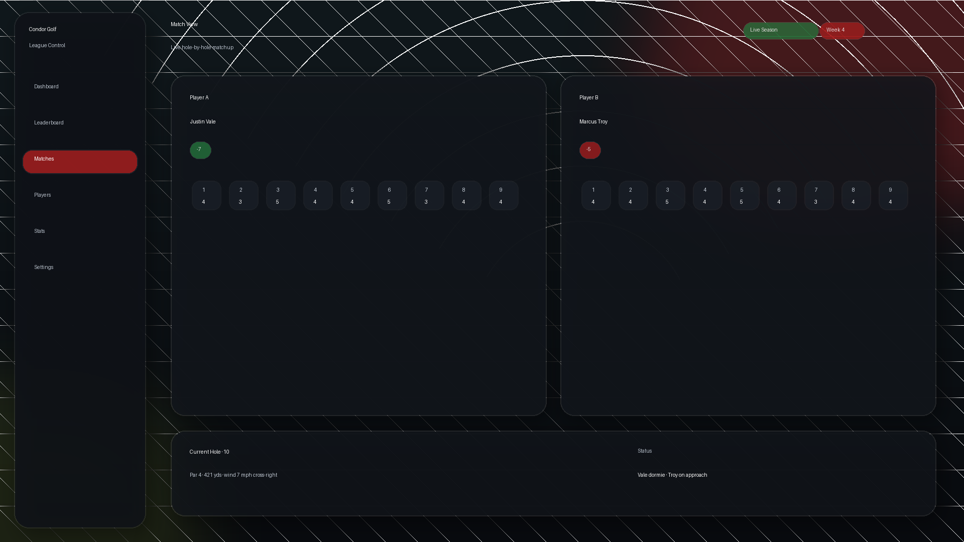 Match view showing player matchup, hole scores, and live tournament status